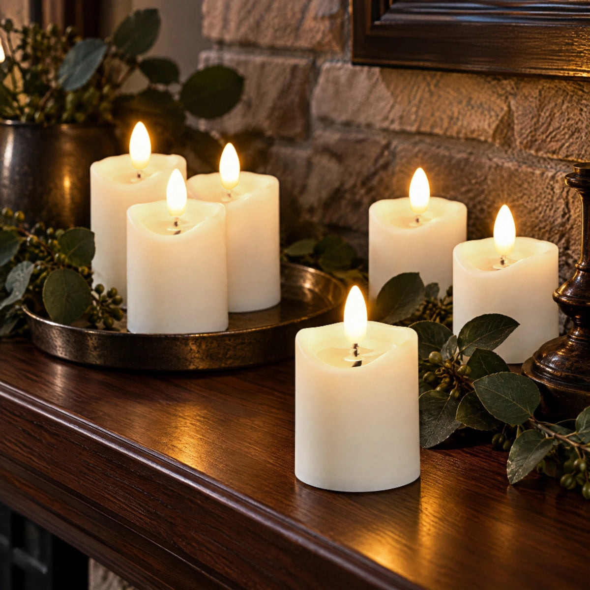 Battery-Operated 3D Wick Flame Mini Pillars - Set of 6