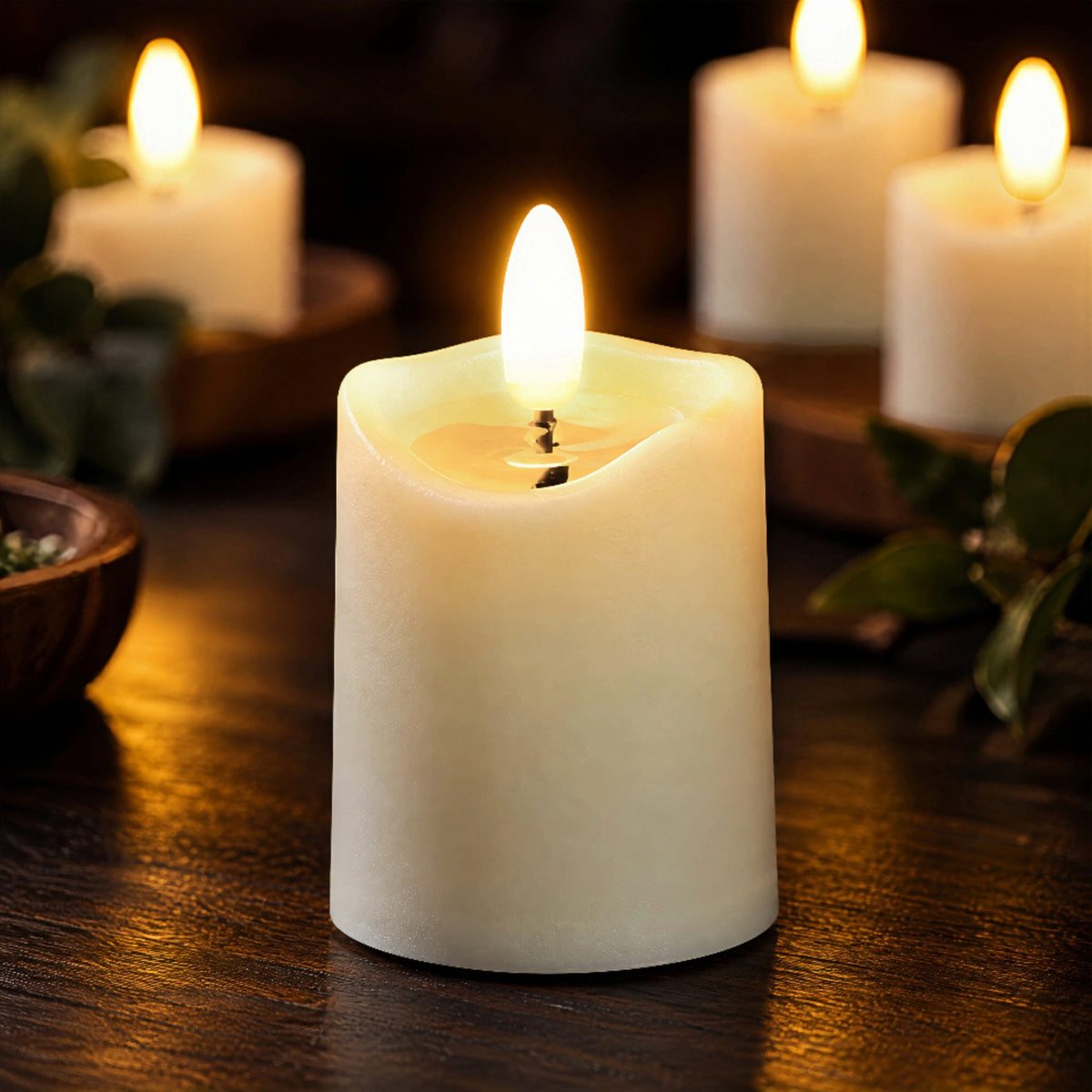 Battery-Operated 3D Wick Flame Mini Pillars - Set of 6