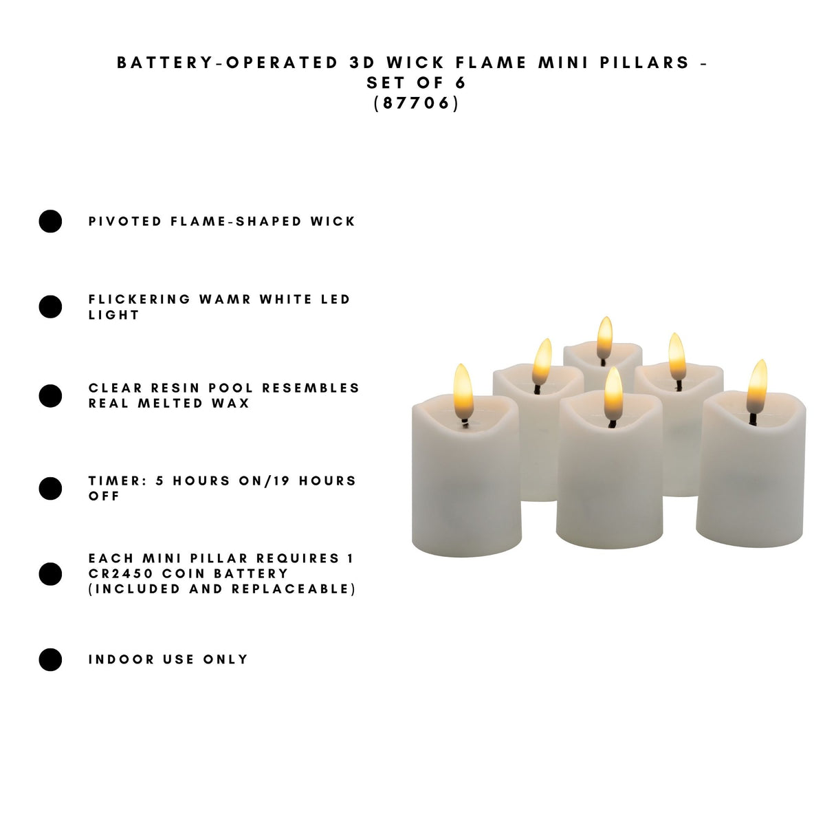 Battery-Operated 3D Wick Flame Mini Pillars - Set of 6