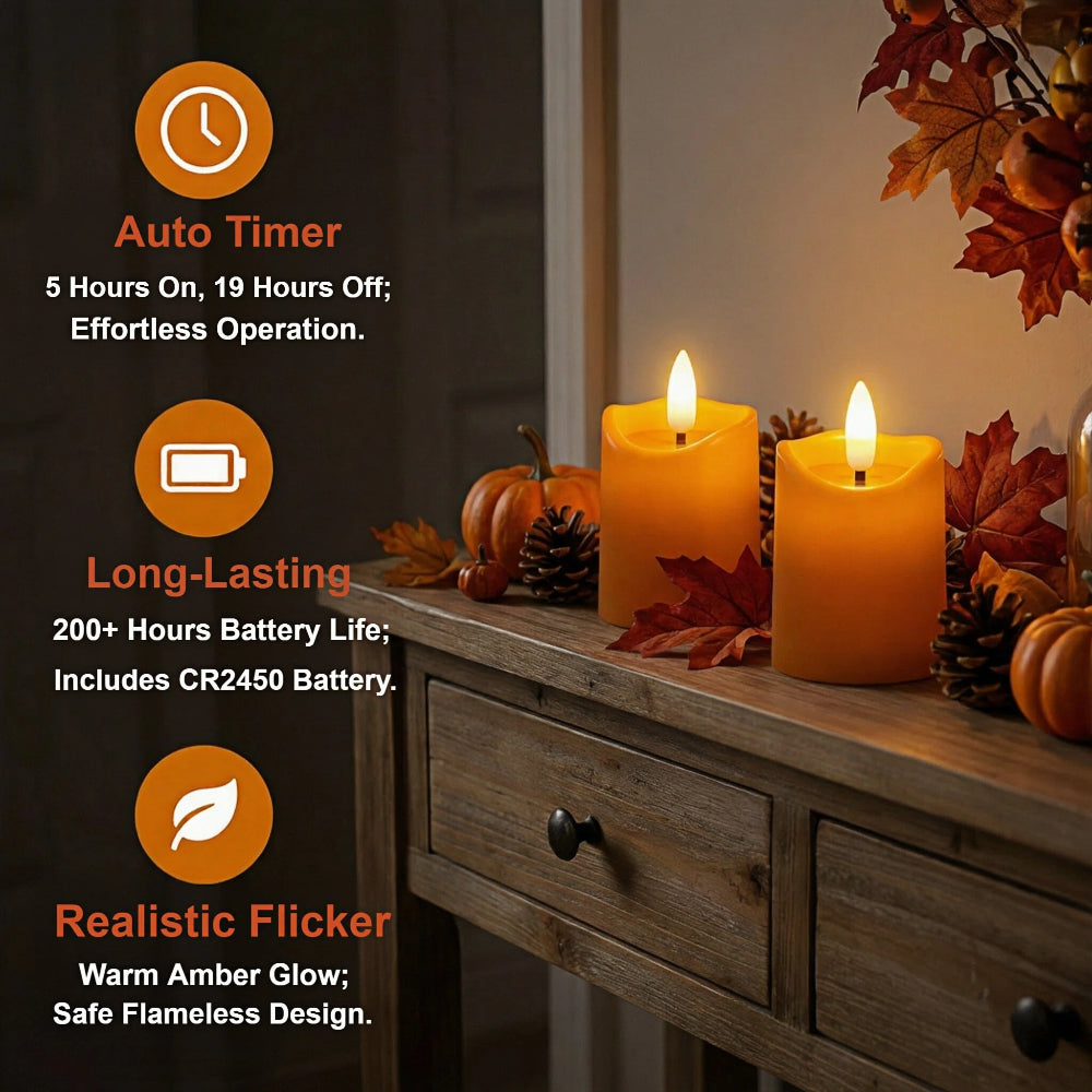 Battery-Operated 3D Wick Flame Mini Pillars - Set of 6