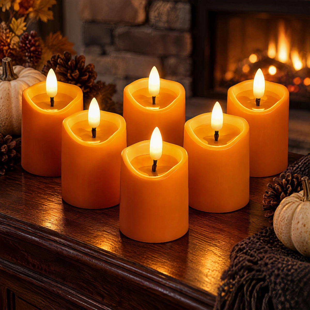 Battery-Operated 3D Wick Flame Mini Pillars - Set of 6