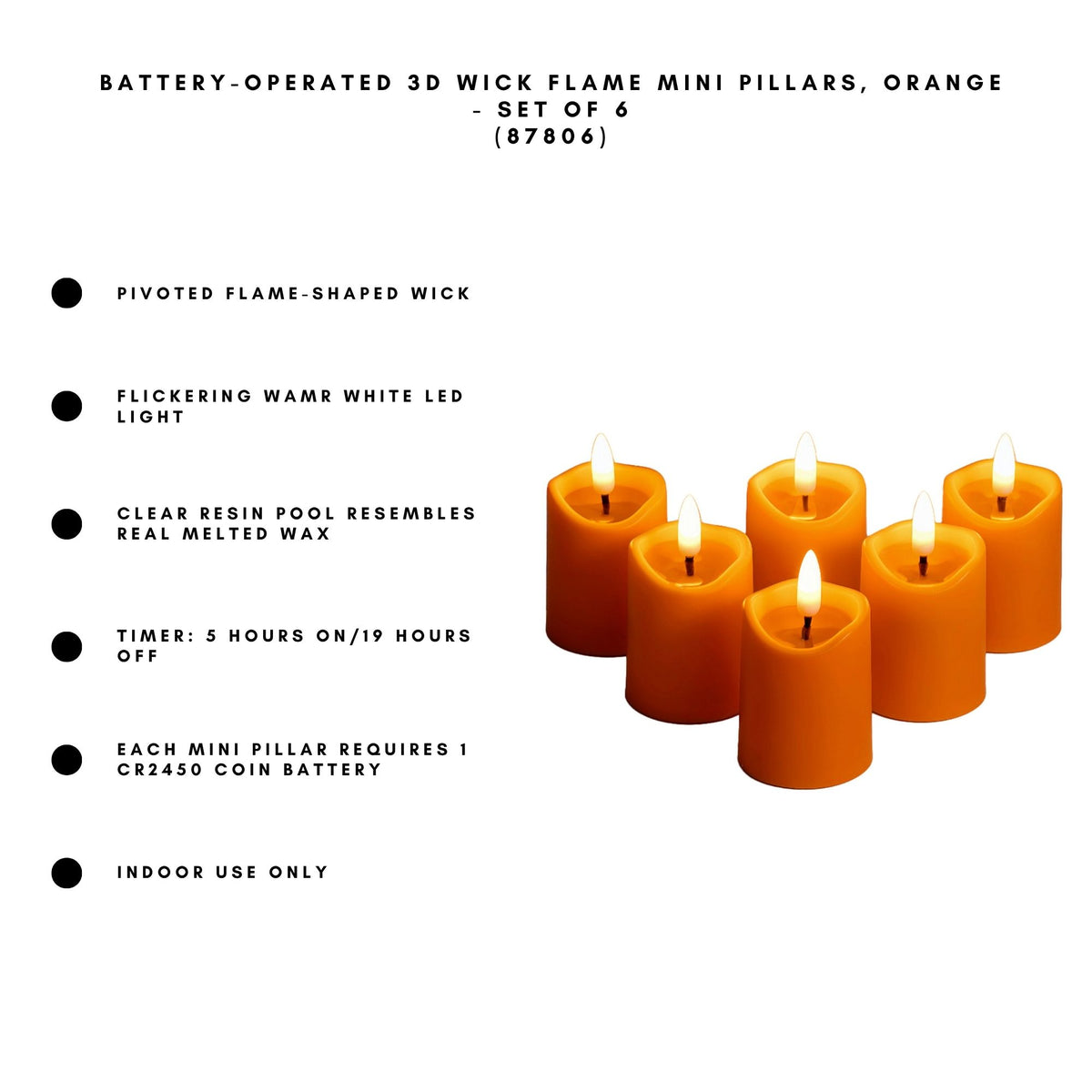 Battery-Operated 3D Wick Flame Mini Pillars - Set of 6