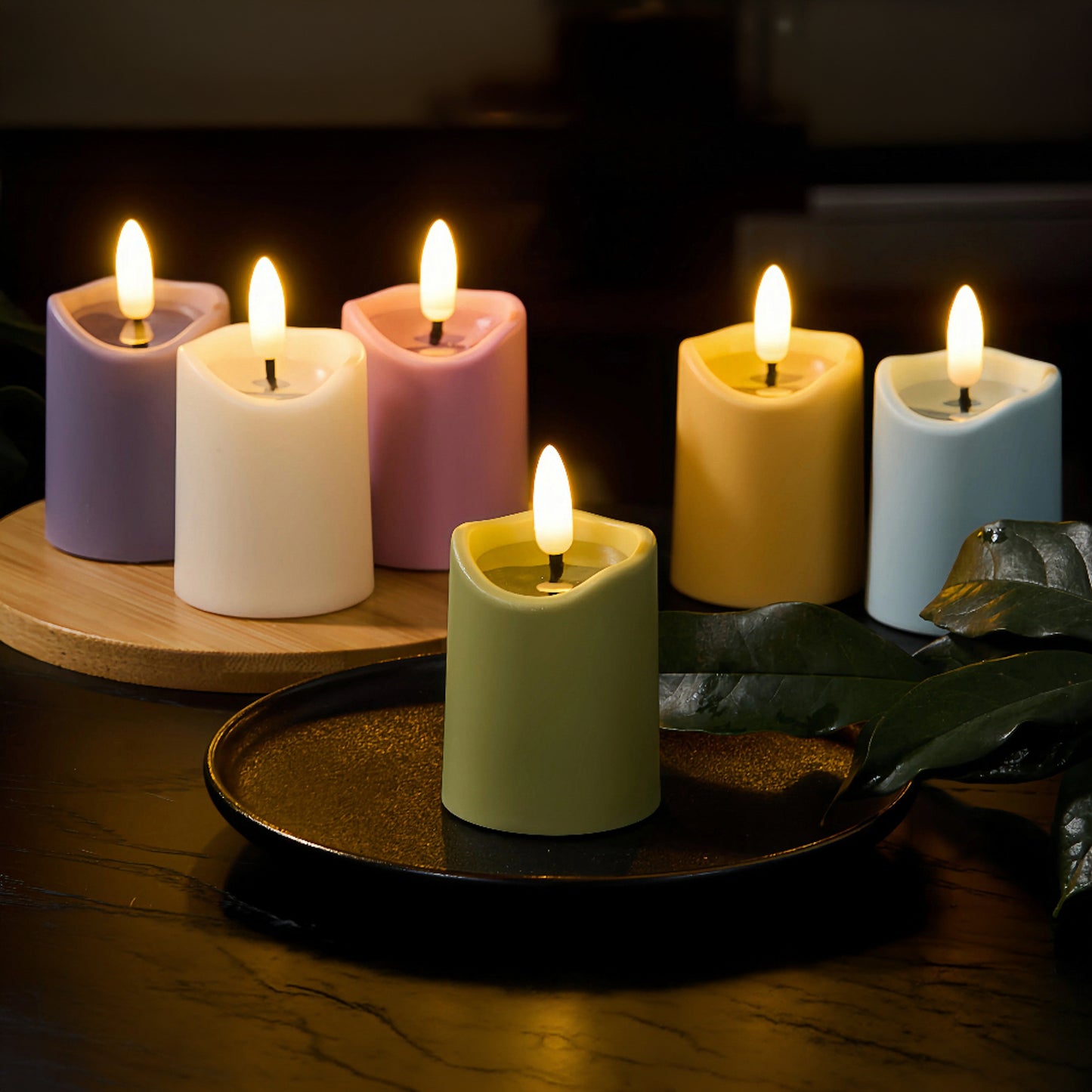 Battery-Operated 3D Wick Flame Mini Pillars - Set of 6