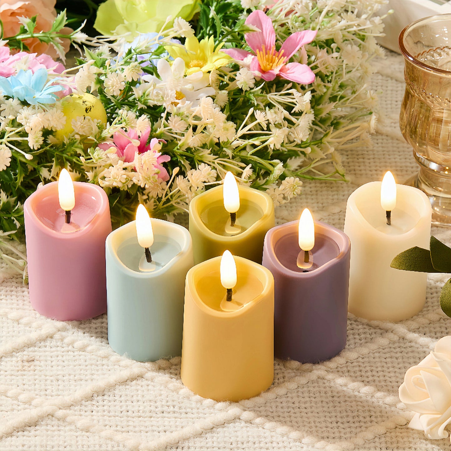 Battery-Operated 3D Wick Flame Mini Pillars - Set of 6