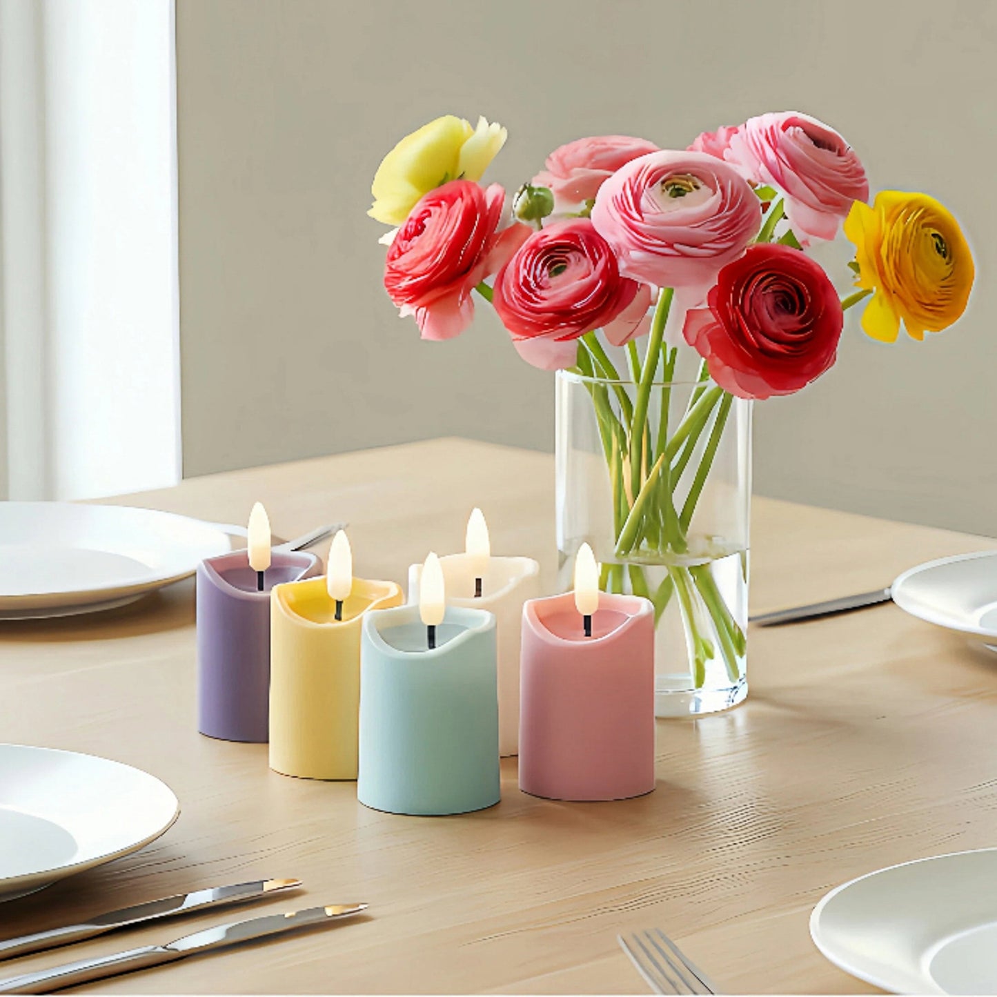 Battery-Operated 3D Wick Flame Mini Pillars - Set of 6