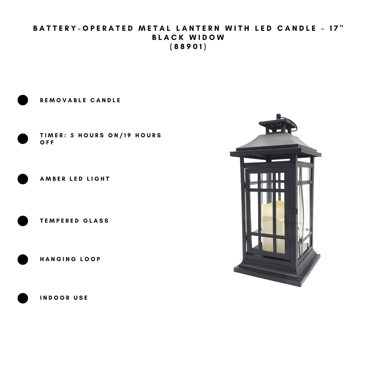 Battery-Operated Metal Lantern with LED Candle - Black Window