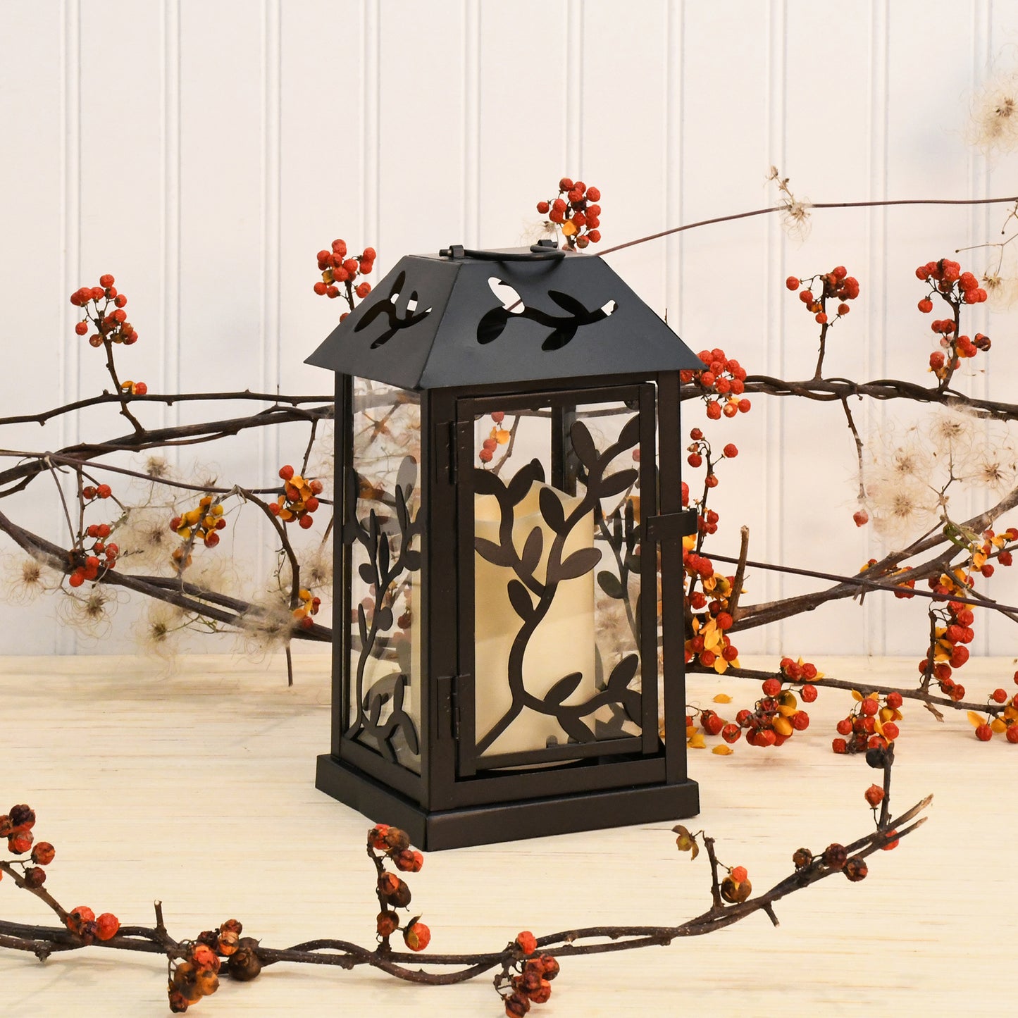 Metal Lantern with Battery-Operated Candle - Black Vine