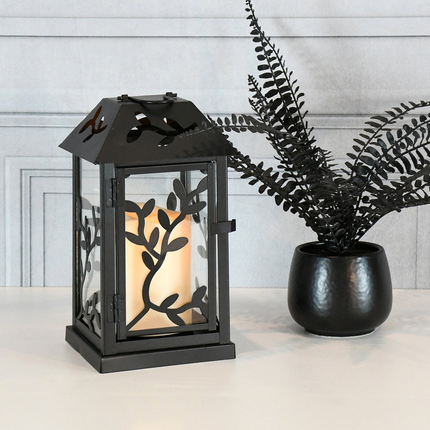 Metal Lantern with Battery-Operated Candle - Black Vine