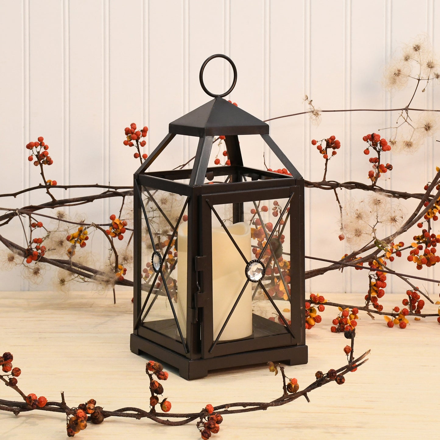 Metal Lantern with Battery-Operated Candle - Black Gem