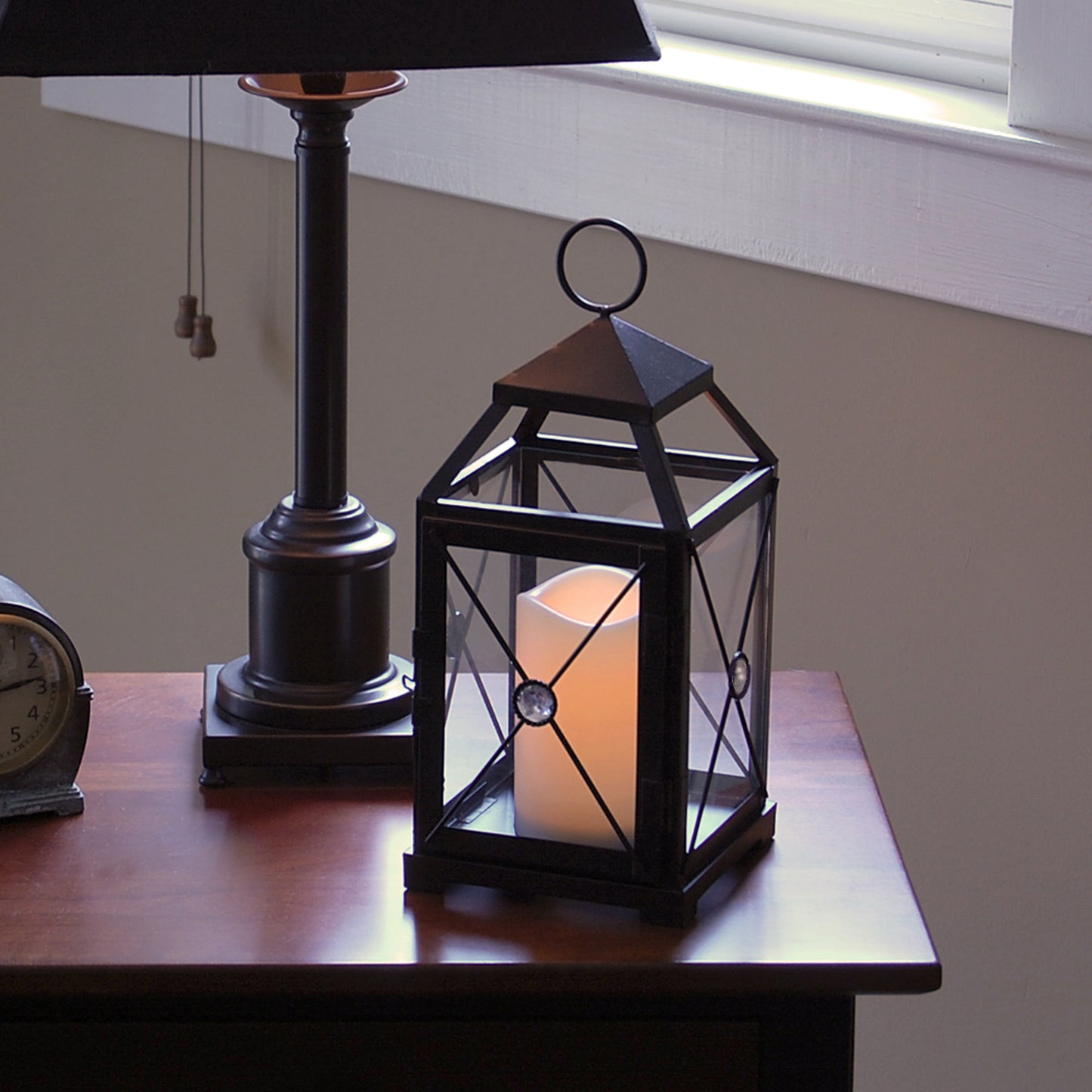 Metal Lantern with Battery-Operated Candle - Black Gem