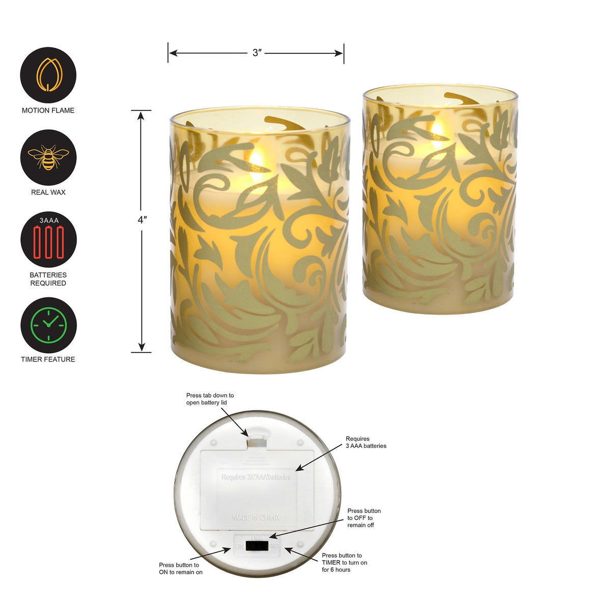 Battery-Operated LED Glass Candles with Flickering Flame, Gold Jacquard - Set of 2