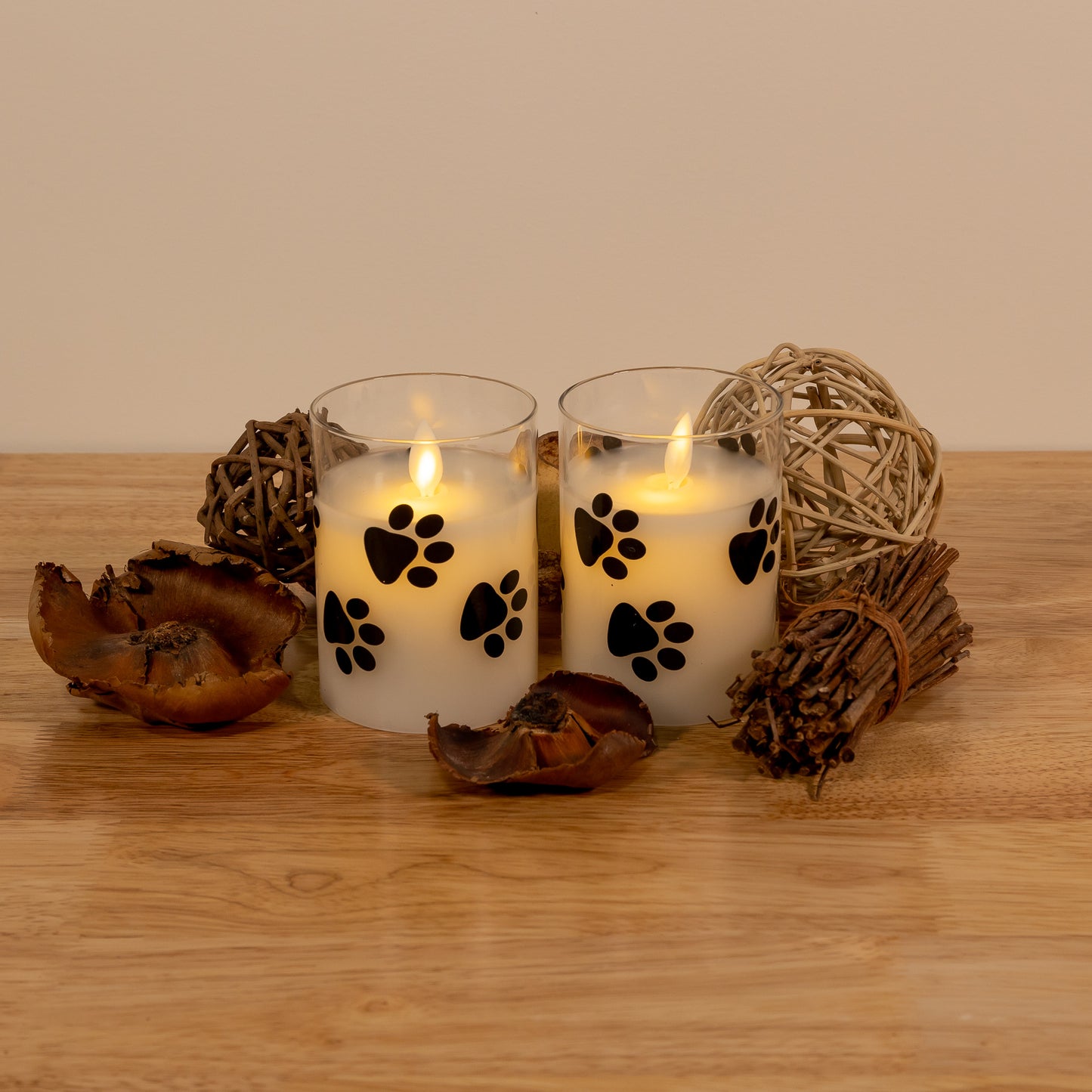Battery Operated Glass LED Candles with Bullet Flame, Paw Print - Set of 2