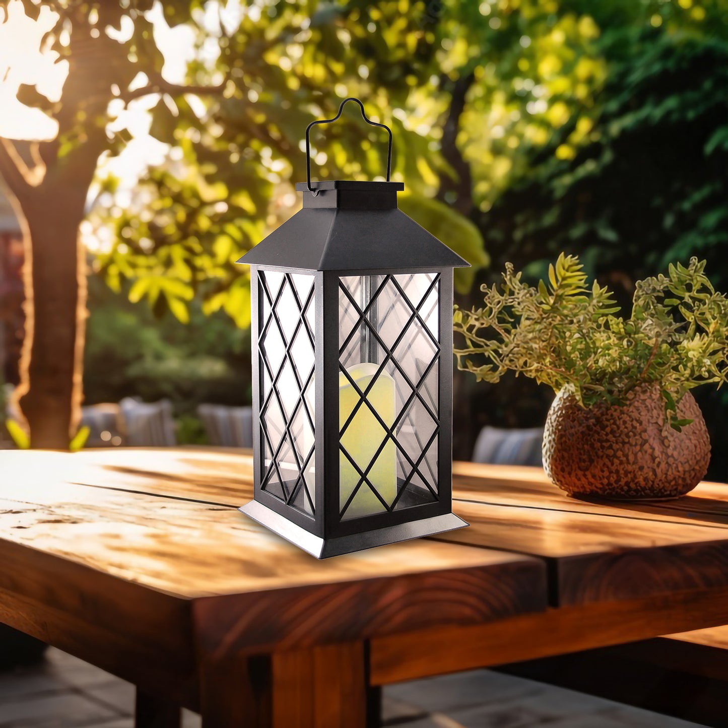 Solar-Powered Lantern with LED Candle - Black Tudor