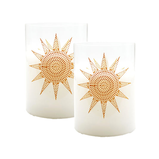 Battery Operated Glass LED Candles with Flickering Flame, Mosaic Sun - Set of 2