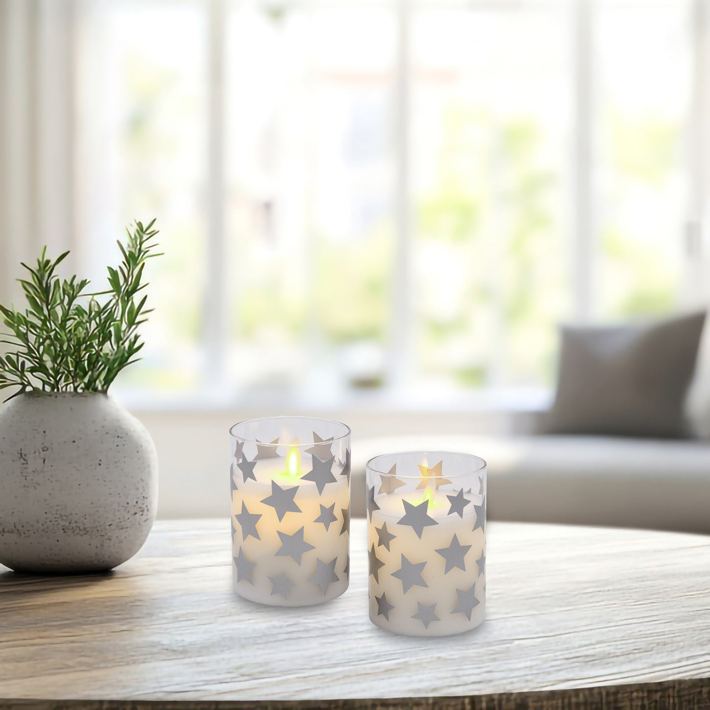 Battery Operated Glass LED Candles with Flickering Flame, Silver Star - Set of 2