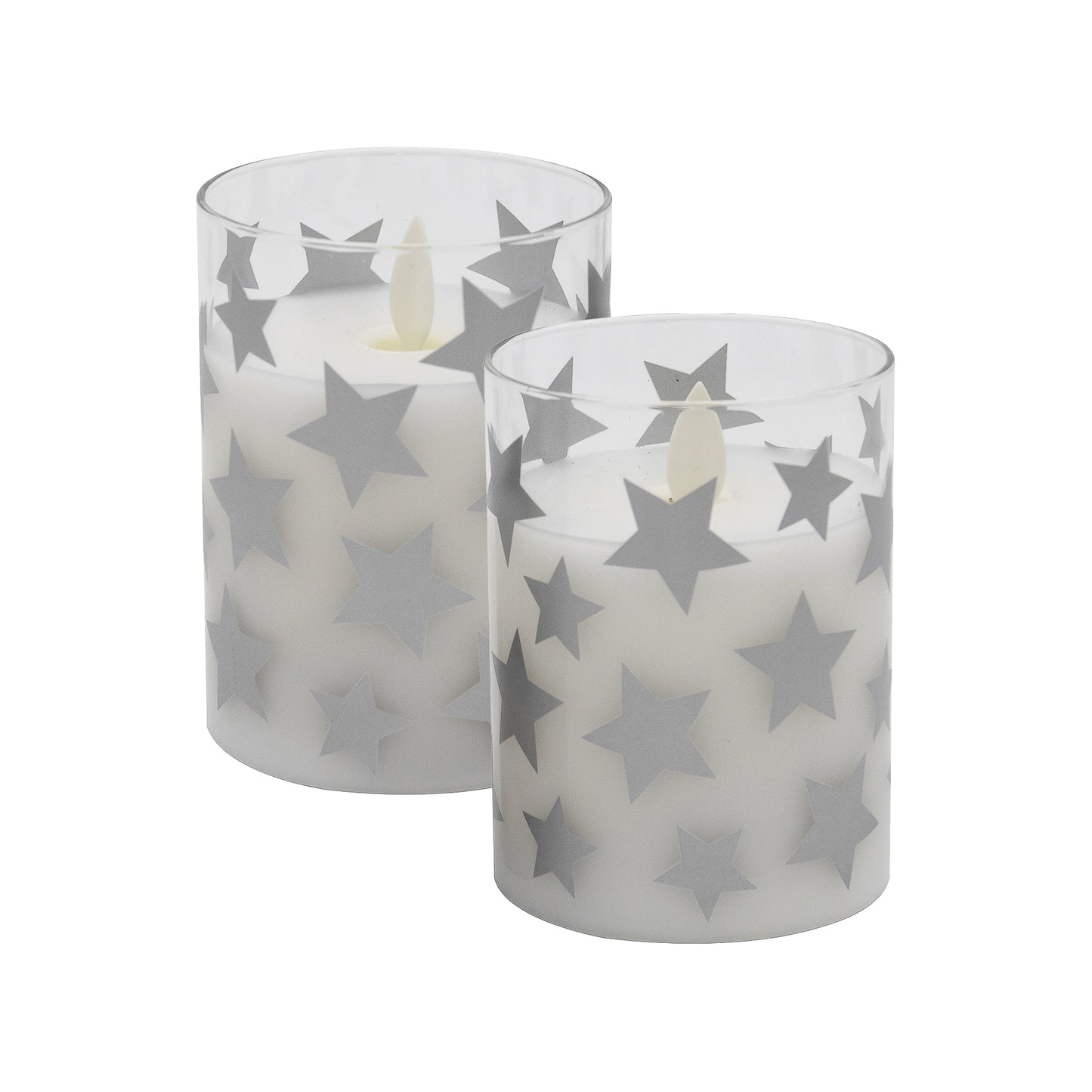 Battery Operated Glass LED Candles with Flickering Flame, Silver Star - Set of 2