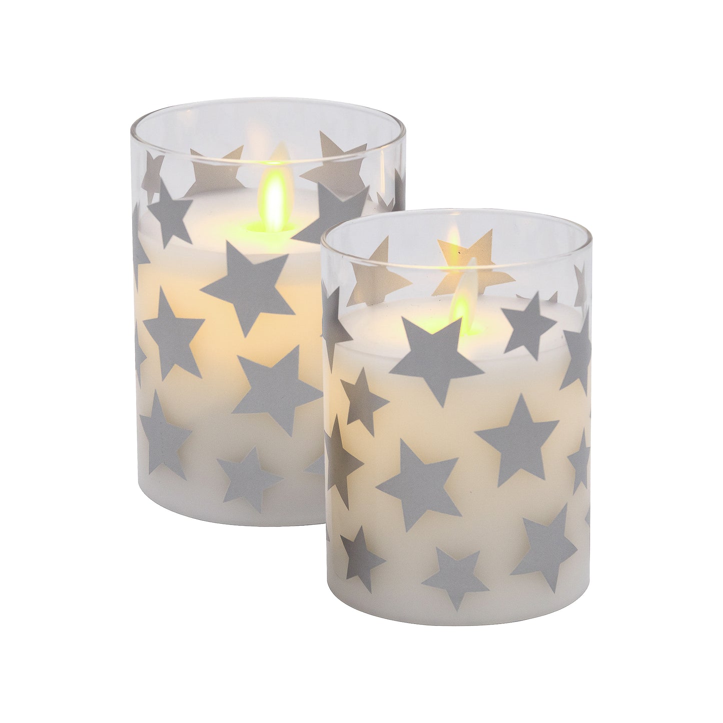 Battery Operated Glass LED Candles with Flickering Flame, Silver Star - Set of 2
