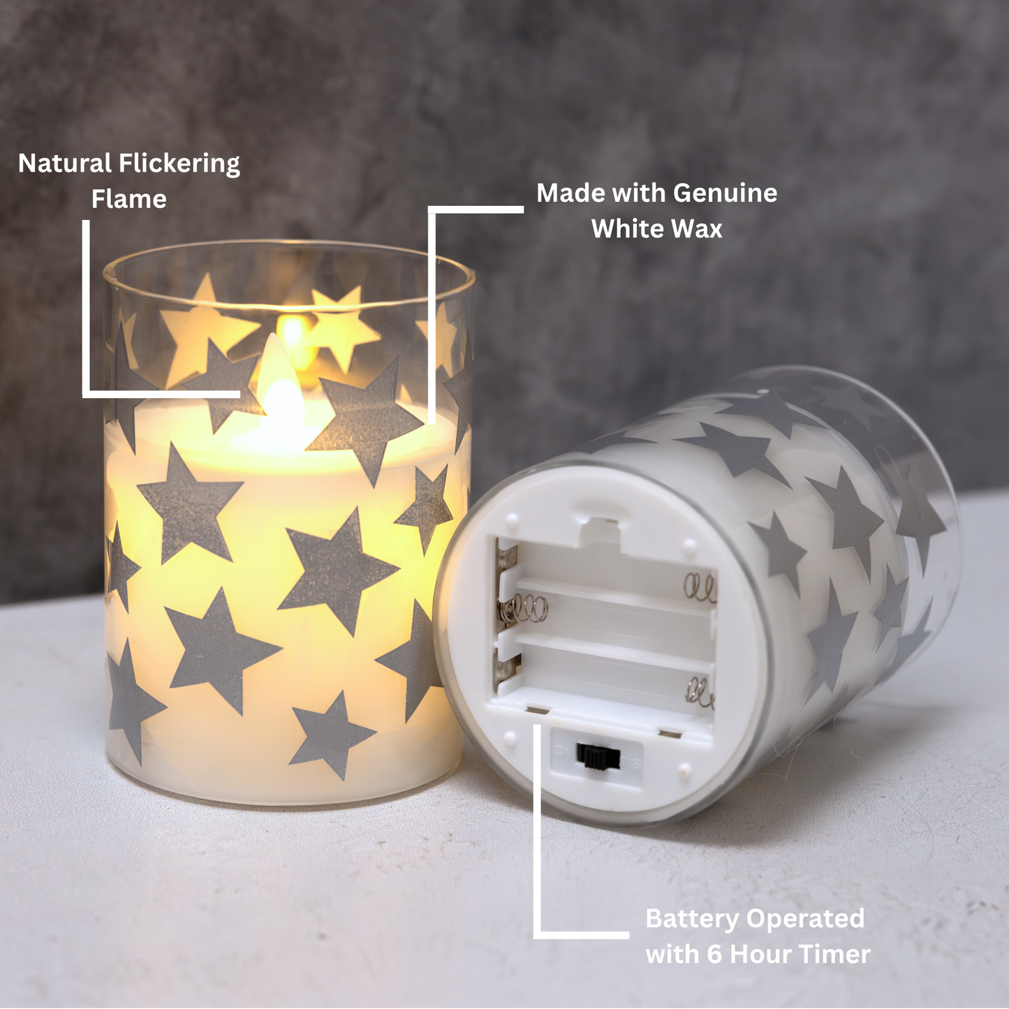 Battery Operated Glass LED Candles with Flickering Flame, Silver Star - Set of 2