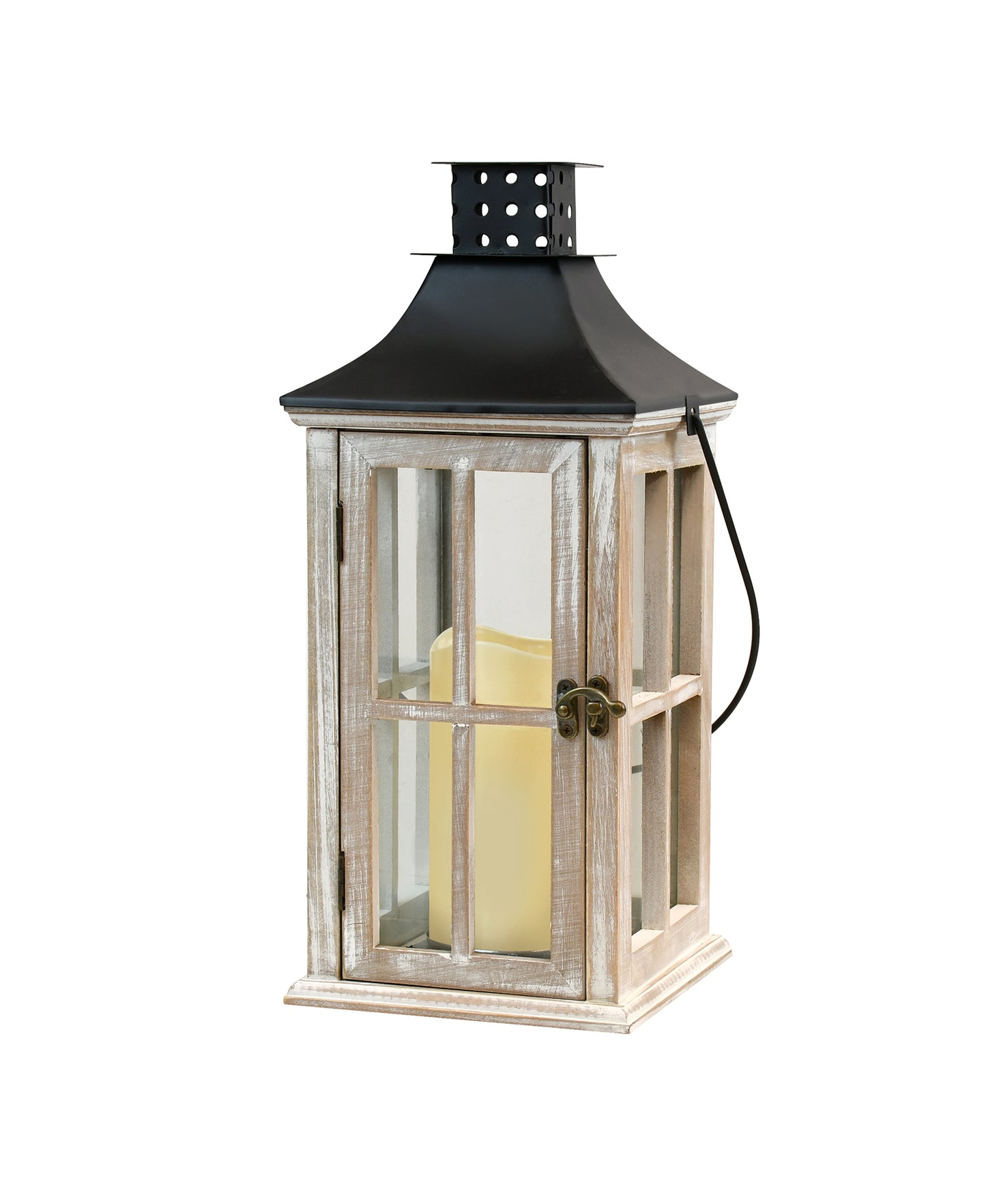 Wooden Lantern with Battery Operated Candle - White Washed with Black Roof