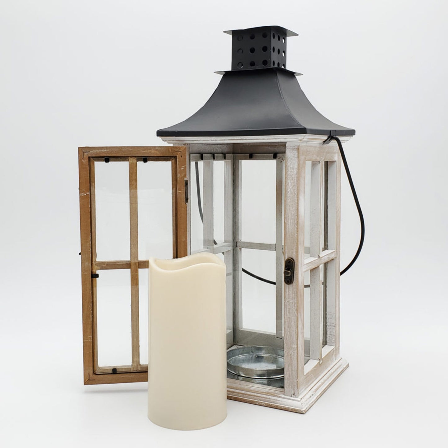 Wooden Lantern with Battery Operated Candle - White Washed with Black Roof