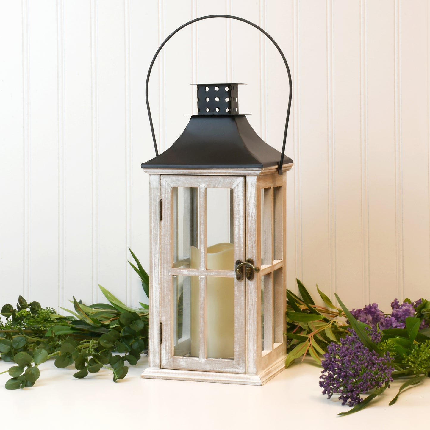 Wooden Lantern with Battery Operated Candle - White Washed with Black Roof