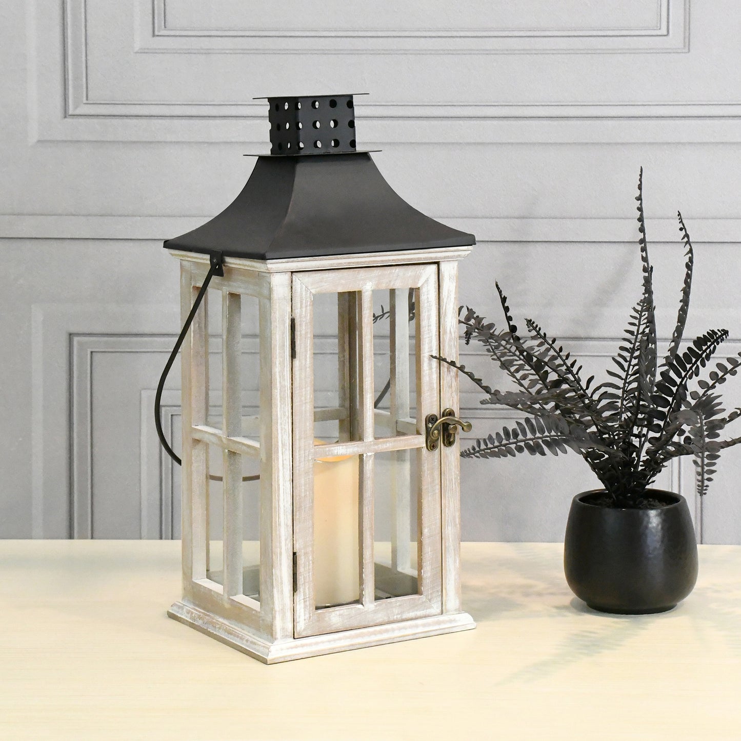 Wooden Lantern with Battery Operated Candle - White Washed with Black Roof