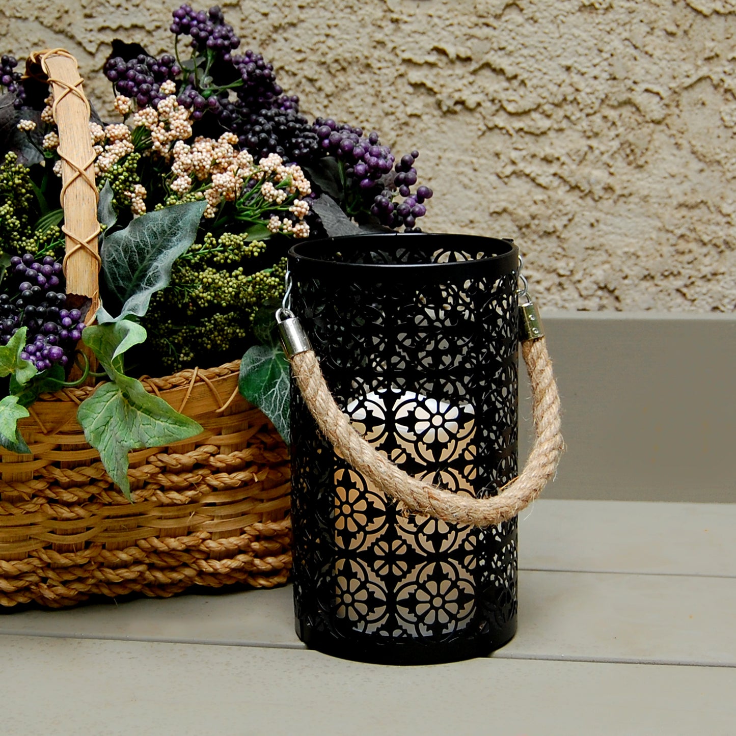 Metal Lantern with Battery-Operated Candle - Black Jacquard