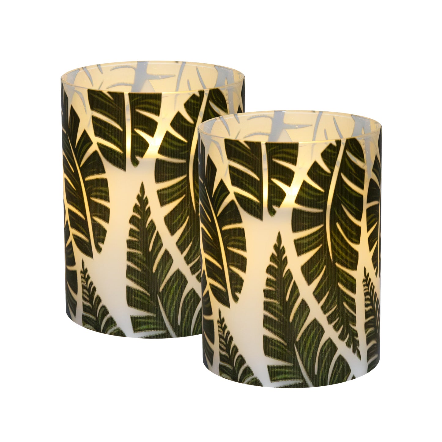 Battery-Operated LED Glass Candles with Flickering Flame, Ferns - Set of 2