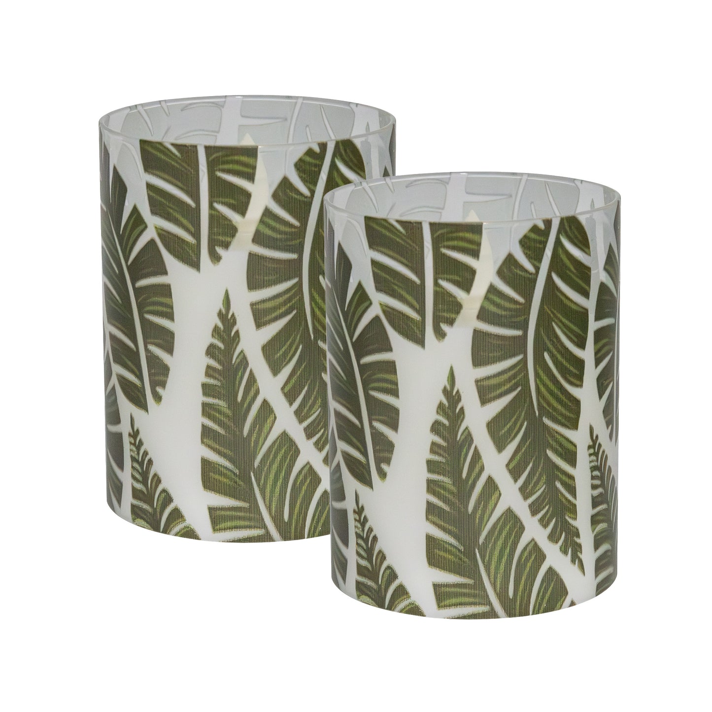 Battery-Operated LED Glass Candles with Flickering Flame, Ferns - Set of 2