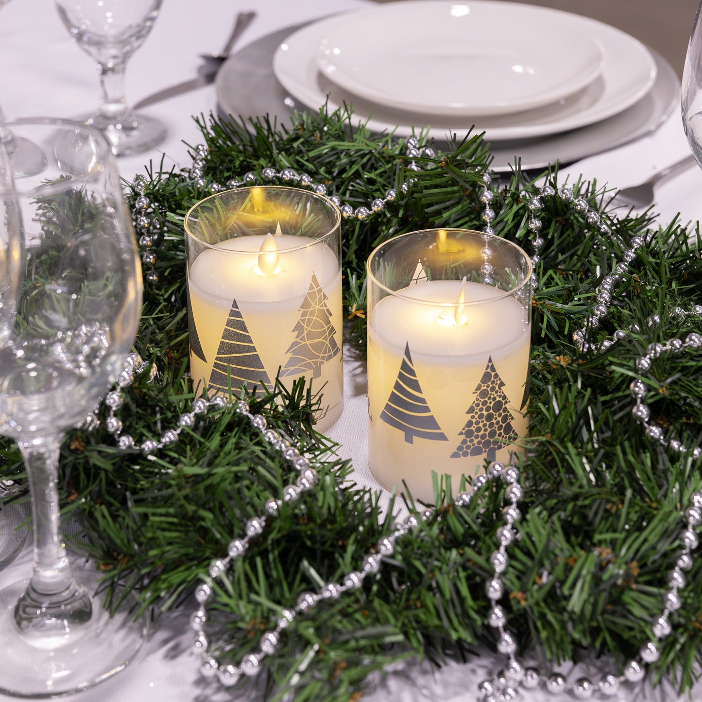 Battery Operated Glass LED Candles, Christmas Trees - Set of 2