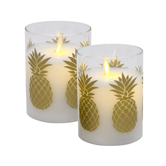 Battery Operated LED Glass Candles with Flickering Flame, Gold Pineapple - Set of 2