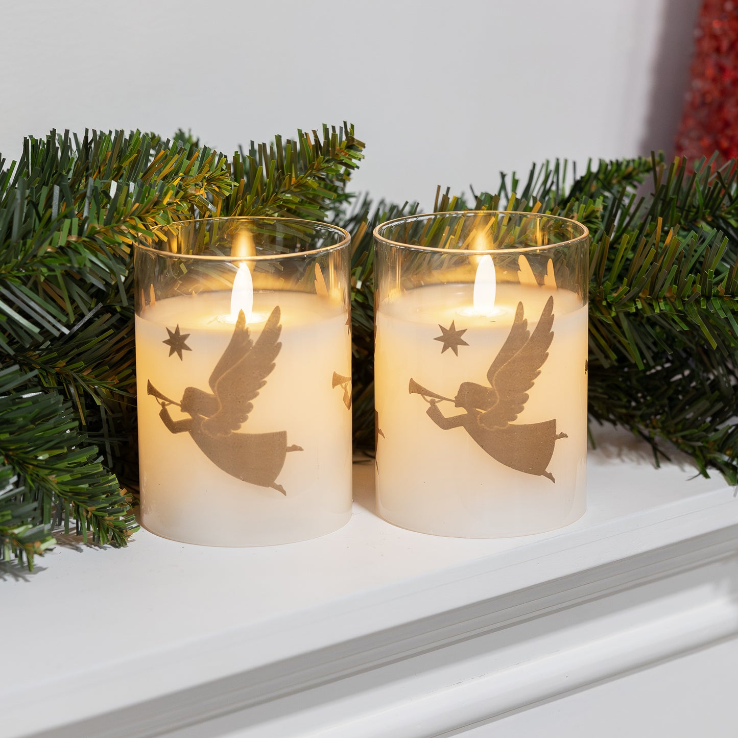 Battery Operated LED Glass Candles with Bullet Flame, Gold Angels - Set of 2