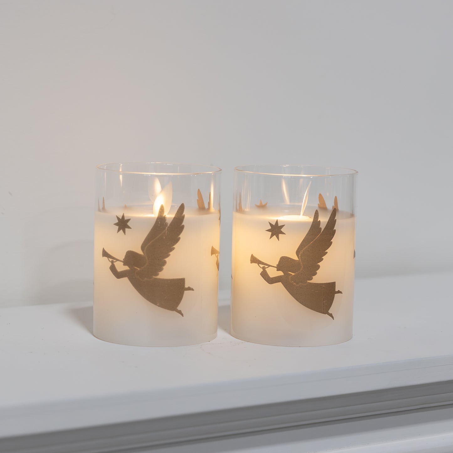 Battery Operated LED Glass Candles with Bullet Flame, Gold Angels - Set of 2
