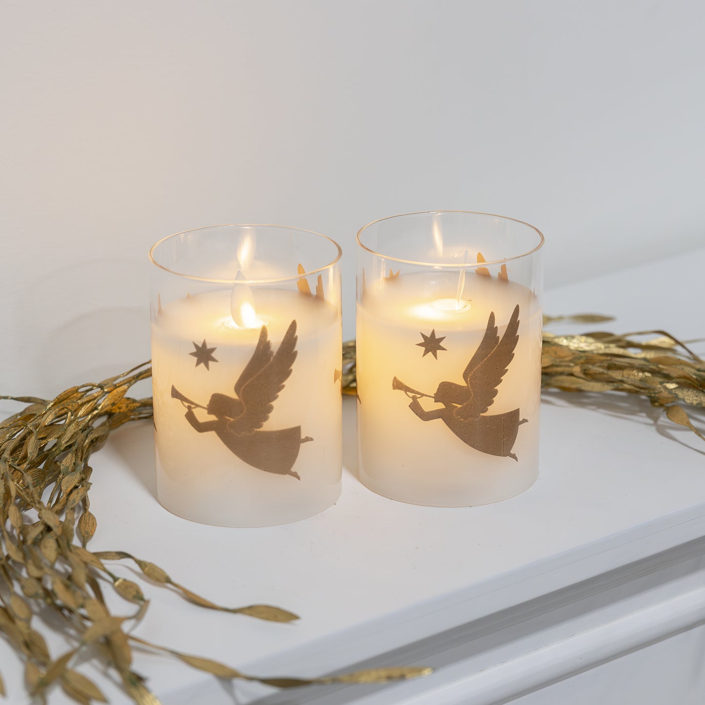 Battery Operated LED Glass Candles with Bullet Flame, Gold Angels - Set of 2