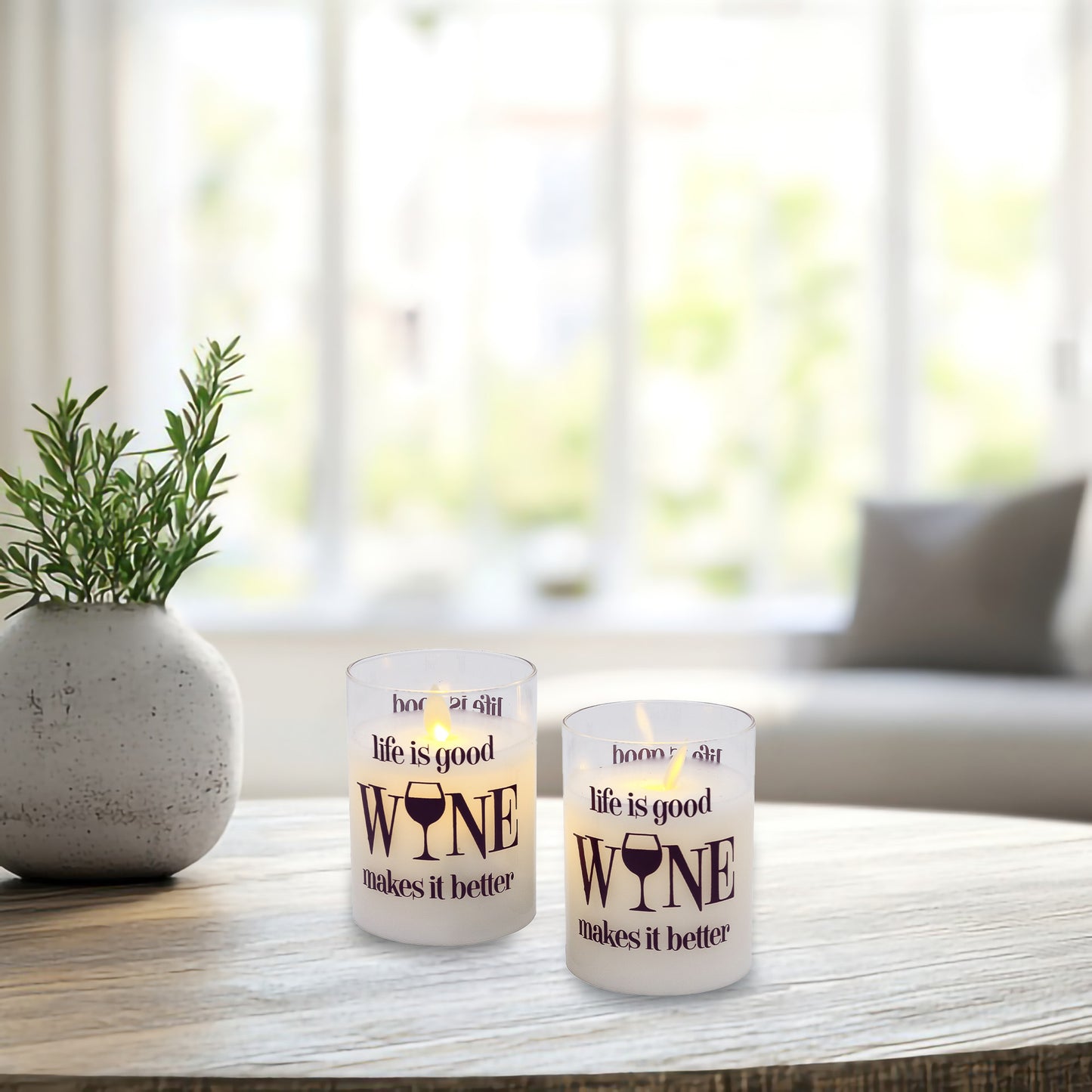 Battery Operated Glass LED Candles with Flickering Flame, Life is Good, Wine Makes it Better - Set of 2