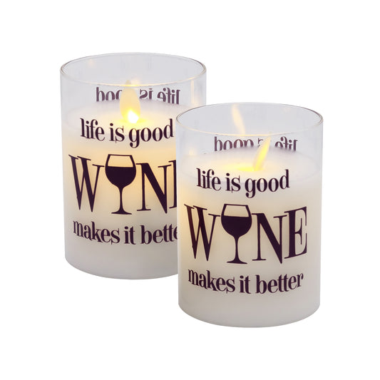 Battery Operated Glass LED Candles with Flickering Flame, Life is Good, Wine Makes it Better - Set of 2