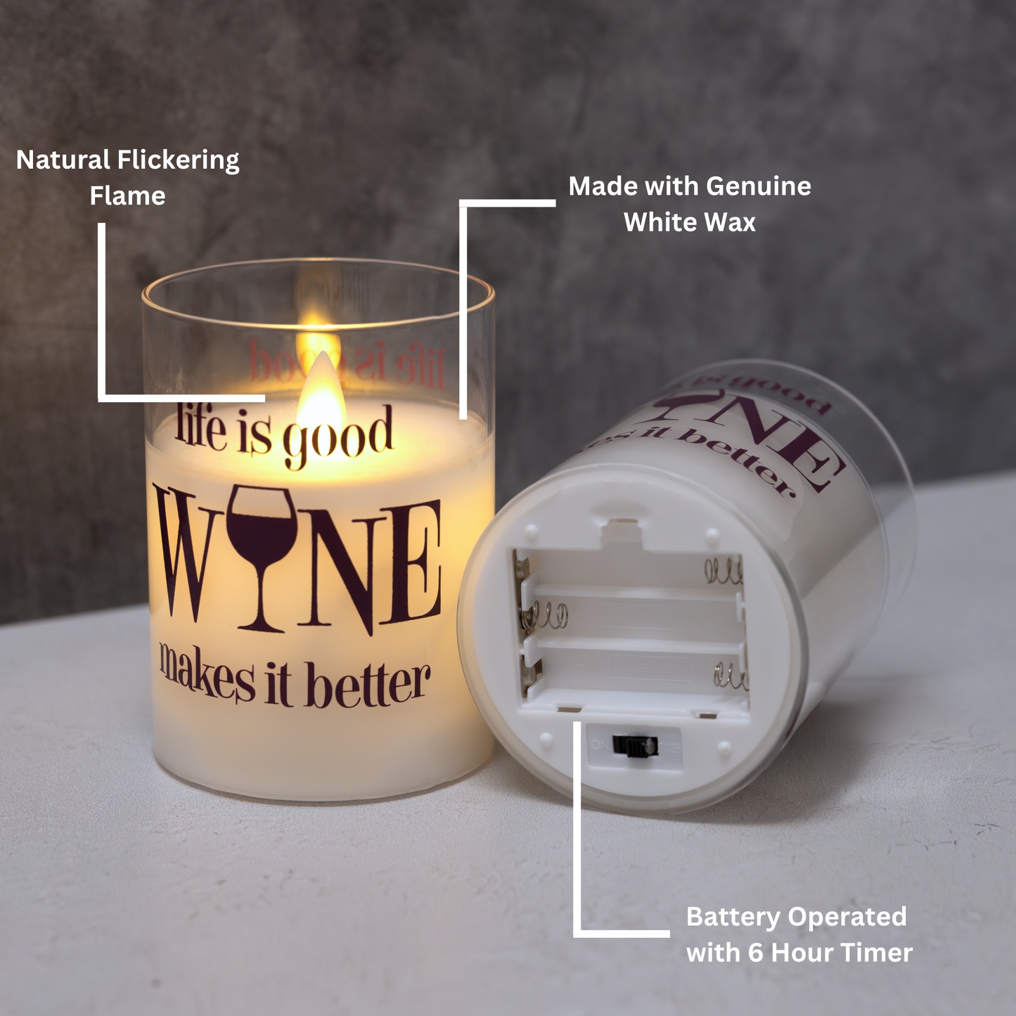 Battery Operated Glass LED Candles with Flickering Flame, Life is Good, Wine Makes it Better - Set of 2