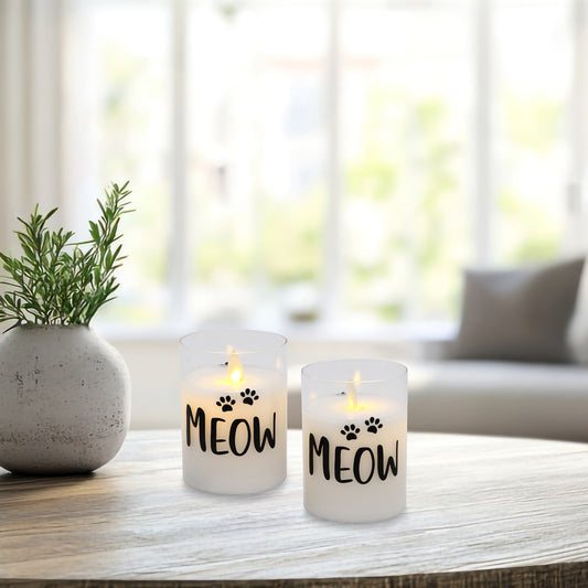 Battery Operated Glass LED Action Flame Candles, Meow - Set of 2