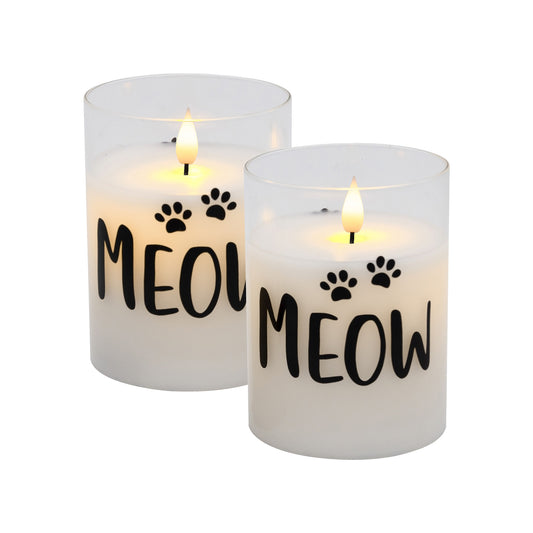 Battery Operated Glass LED Candles, Meow - Set of 2