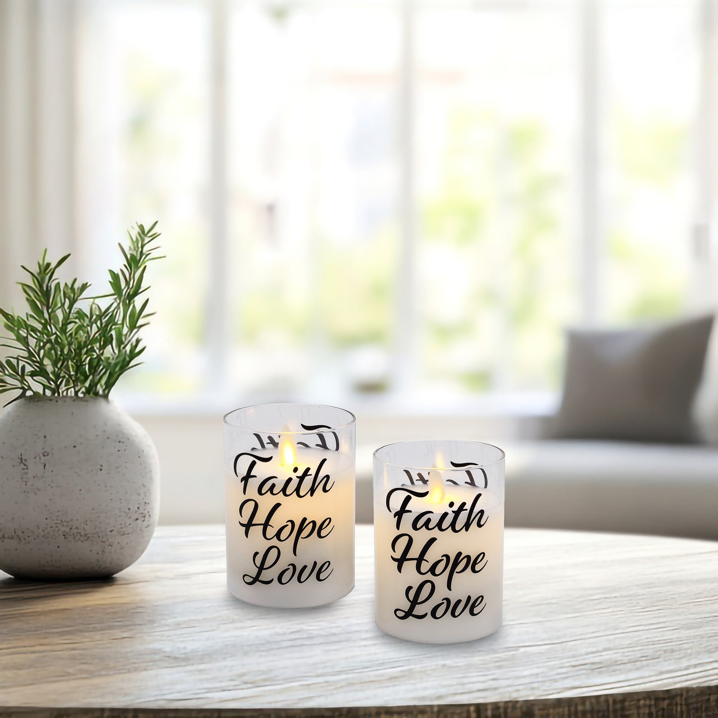Battery Operated Glass LED Candles with Flickering Flame, Faith Hope Love - Set of 2