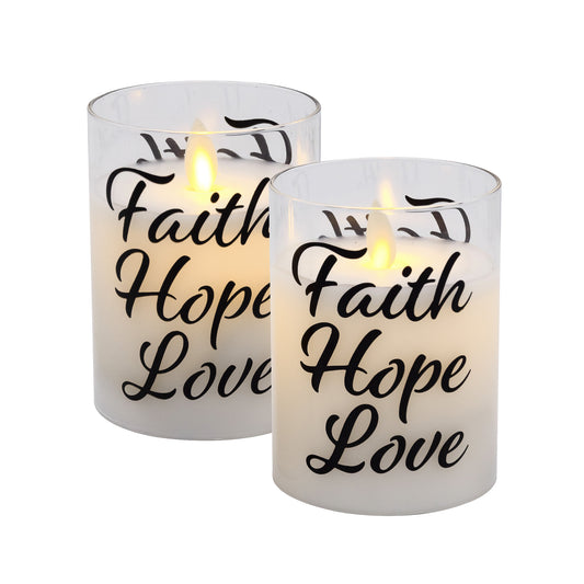 Battery Operated Glass LED Candles with Flickering Flame, Faith Hope Love - Set of 2
