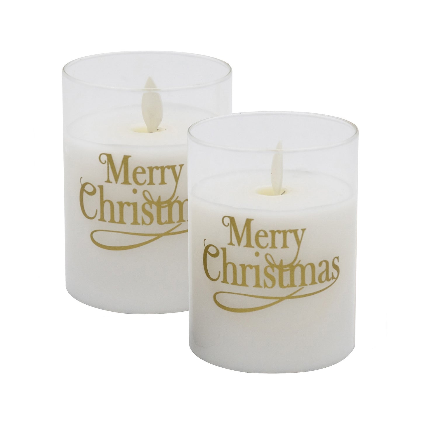 Battery Operated Glass LED Candles with Flickering Flame, Merry Christmas - Set of 2