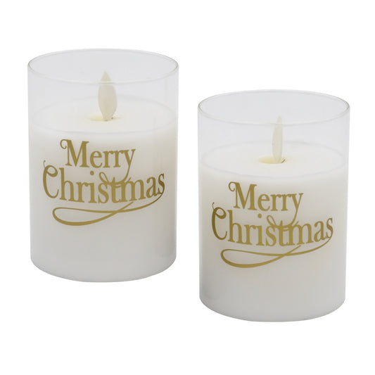 Battery-Operated LED Glass Candles with Flickering Flame, Merry Christmas - Set of 2