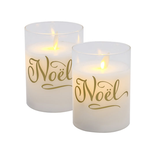 Battery Operated Glass LED Candles, Noel - Set of 2