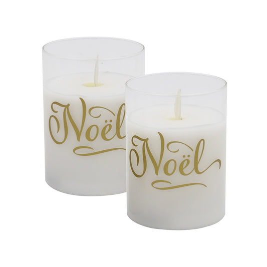 Battery-Operated LED Glass Candles with Moving Flame, Noël - Set of 2