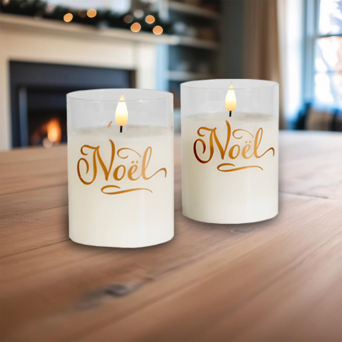 Battery-Operated LED Glass Candles with Moving Flame, Noël - Set of 2