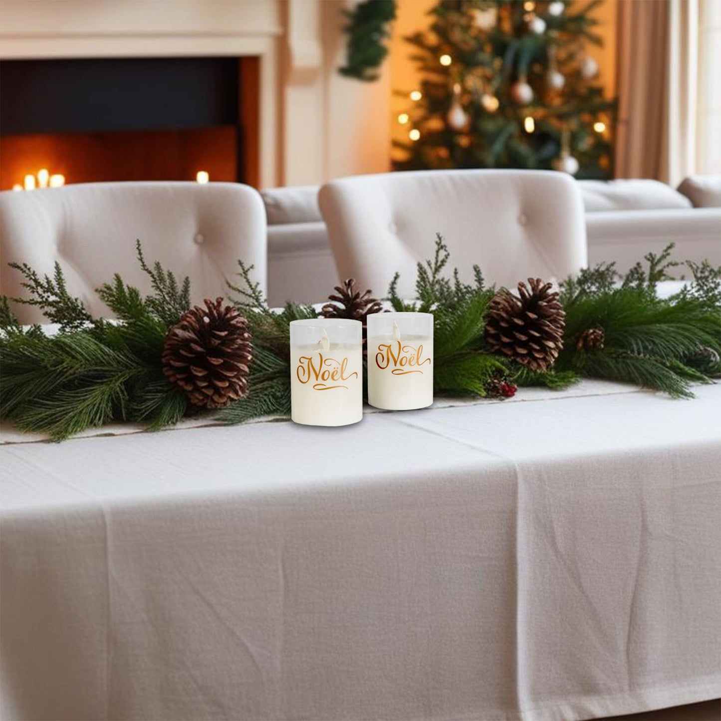 Battery-Operated LED Glass Candles with Moving Flame, Noël - Set of 2