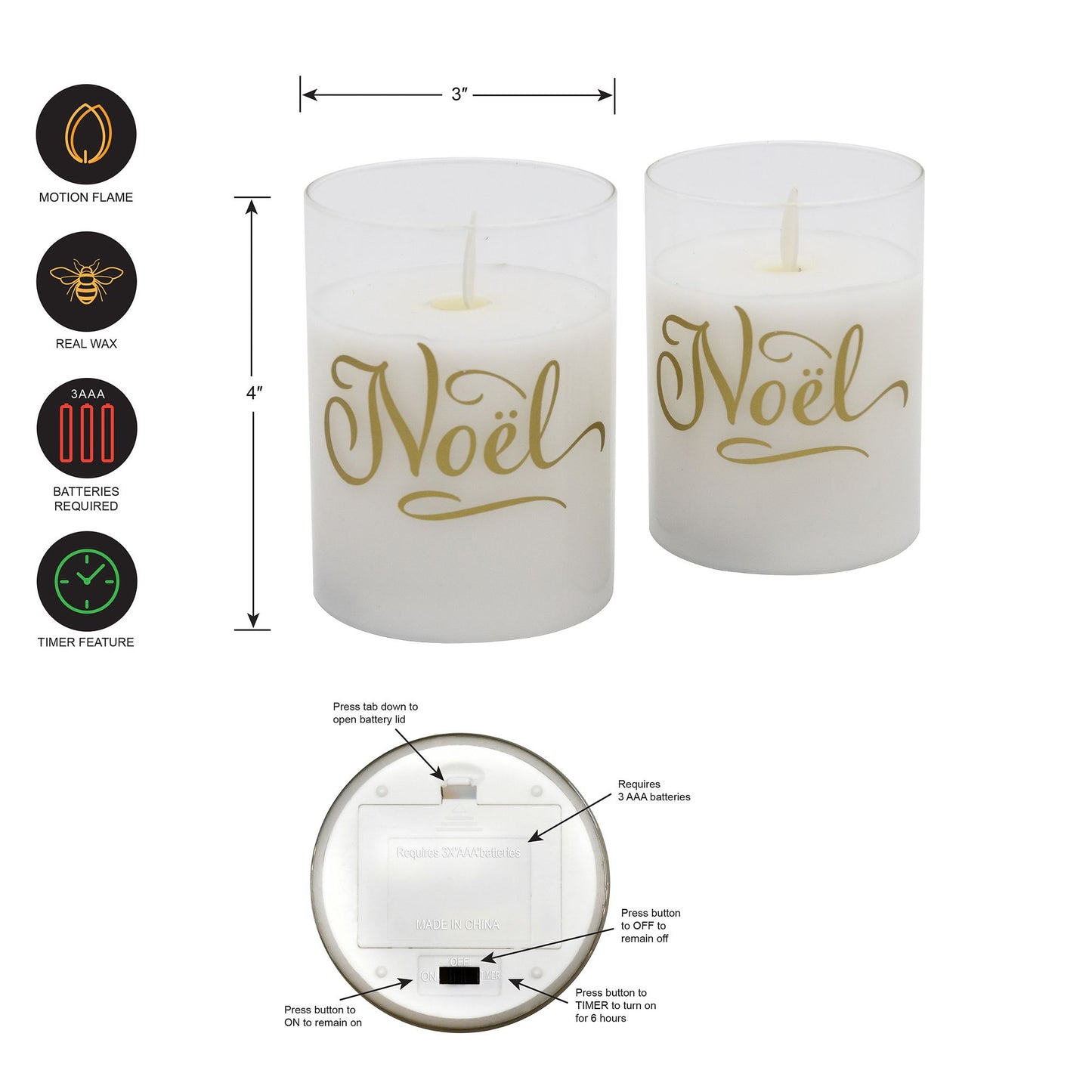 Battery-Operated LED Glass Candles with Moving Flame, Noël - Set of 2