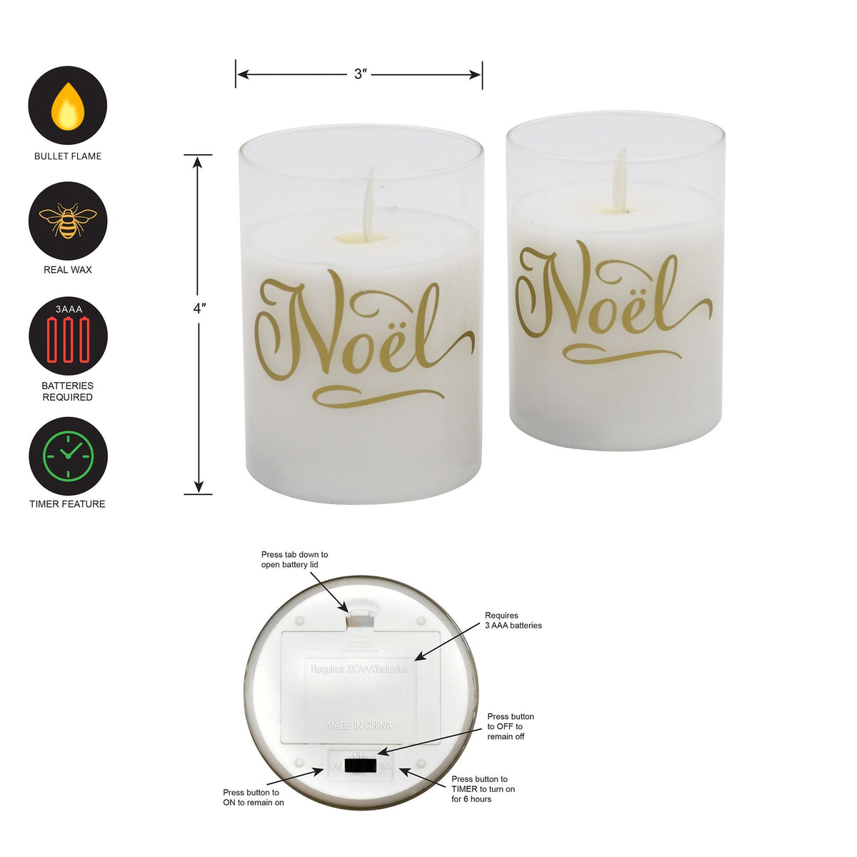 Battery-Operated LED Glass Candles with Moving Flame, Noël - Set of 2