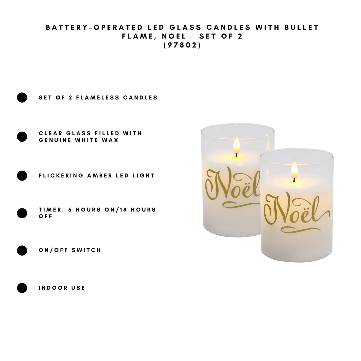 Battery-Operated LED Glass Candles with Moving Flame, Noël - Set of 2